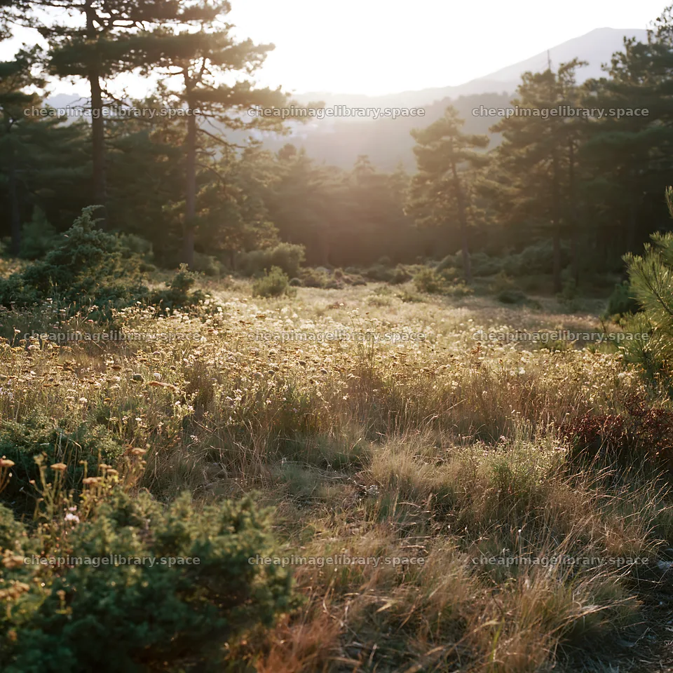 Pine forest meadow with sunlight in the background – image library 7938x7938
