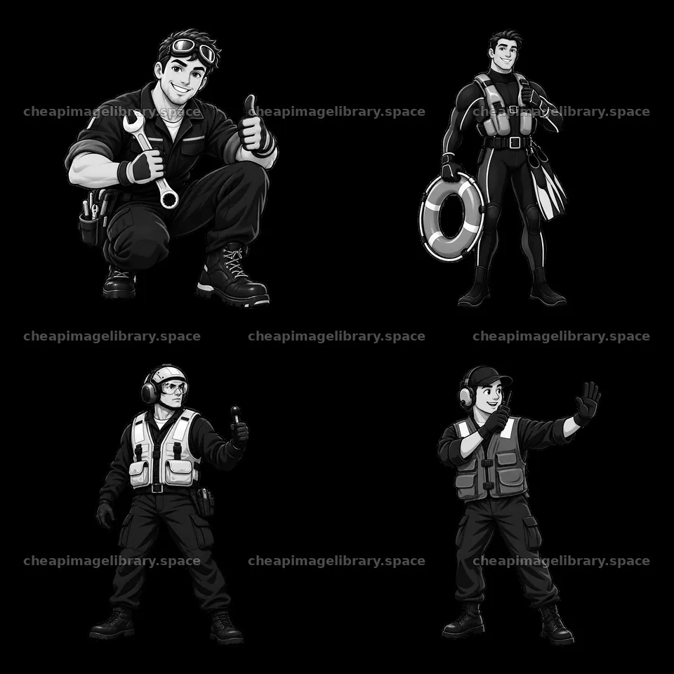 Cartoon crew members on an aircraft carrier in black and white – image library 7746x7746