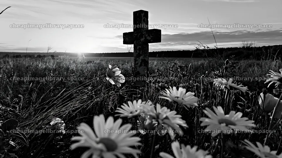 Christian cross at sunrise with flowers in the meadow – image library 10608x5938