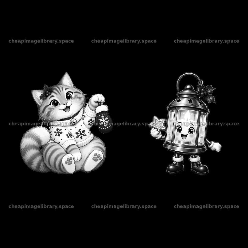 Cat with Christmas ornament and lantern character – image library 7746x7746