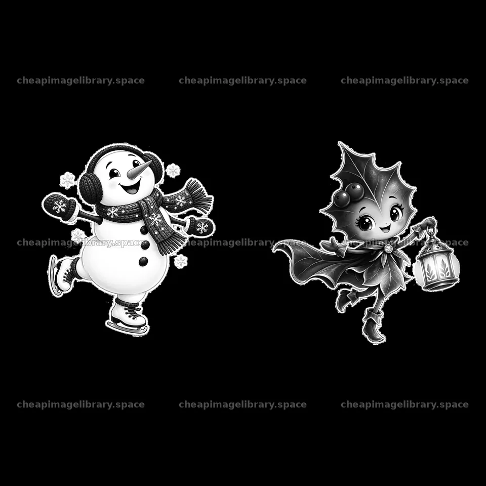 Snowman ice skating with a Christmas fairy holding a lantern – image library 7746x7746