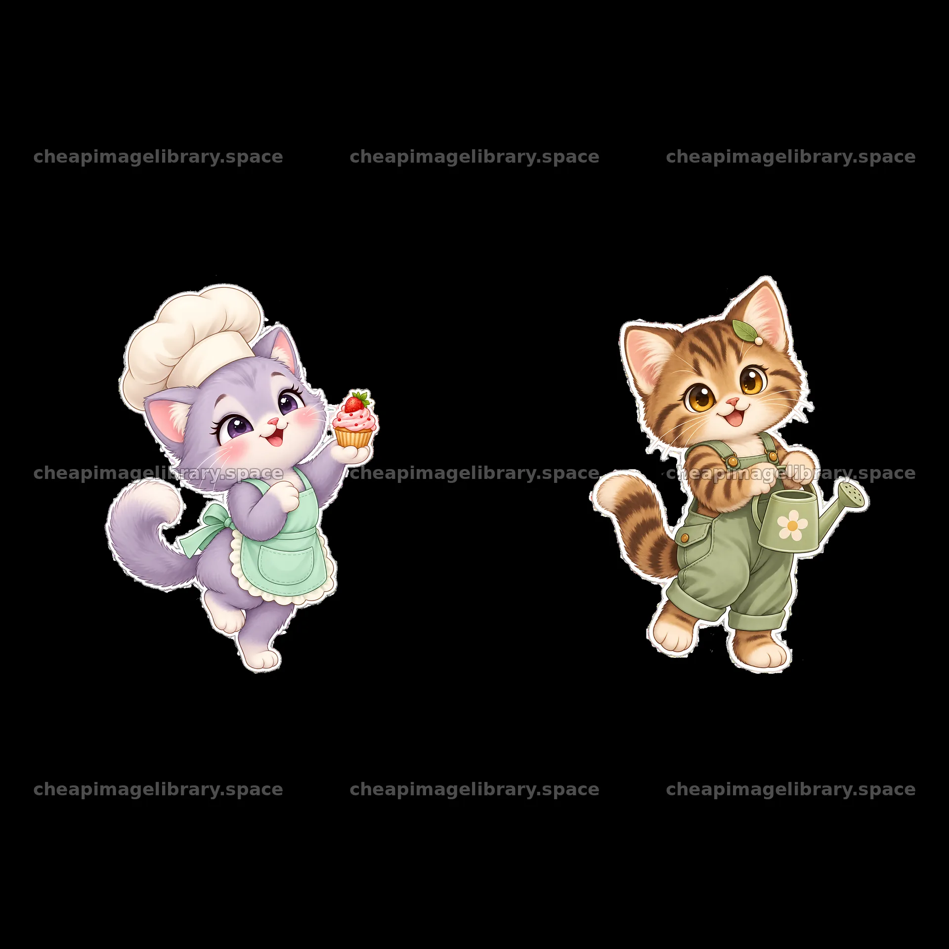 Kawaii cat characters with cupcake and watering can in a pair – image library 7746x7746