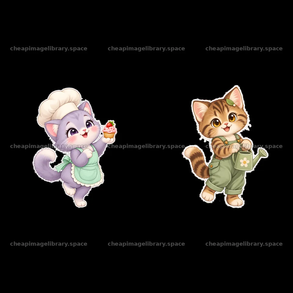 Kawaii cat characters with cupcake and watering can in a pair – image library 7746x7746