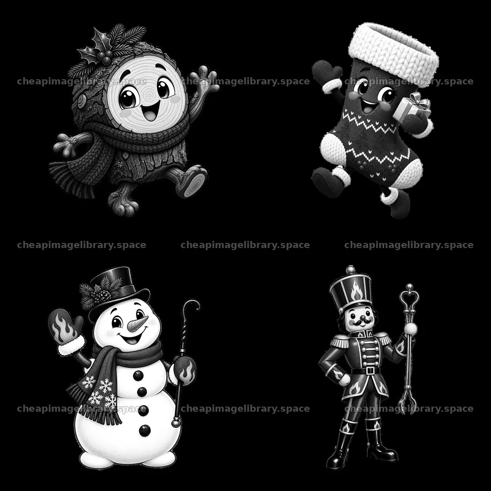 Christmas characters around a fireplace in monochrome design – image library 7746x7746