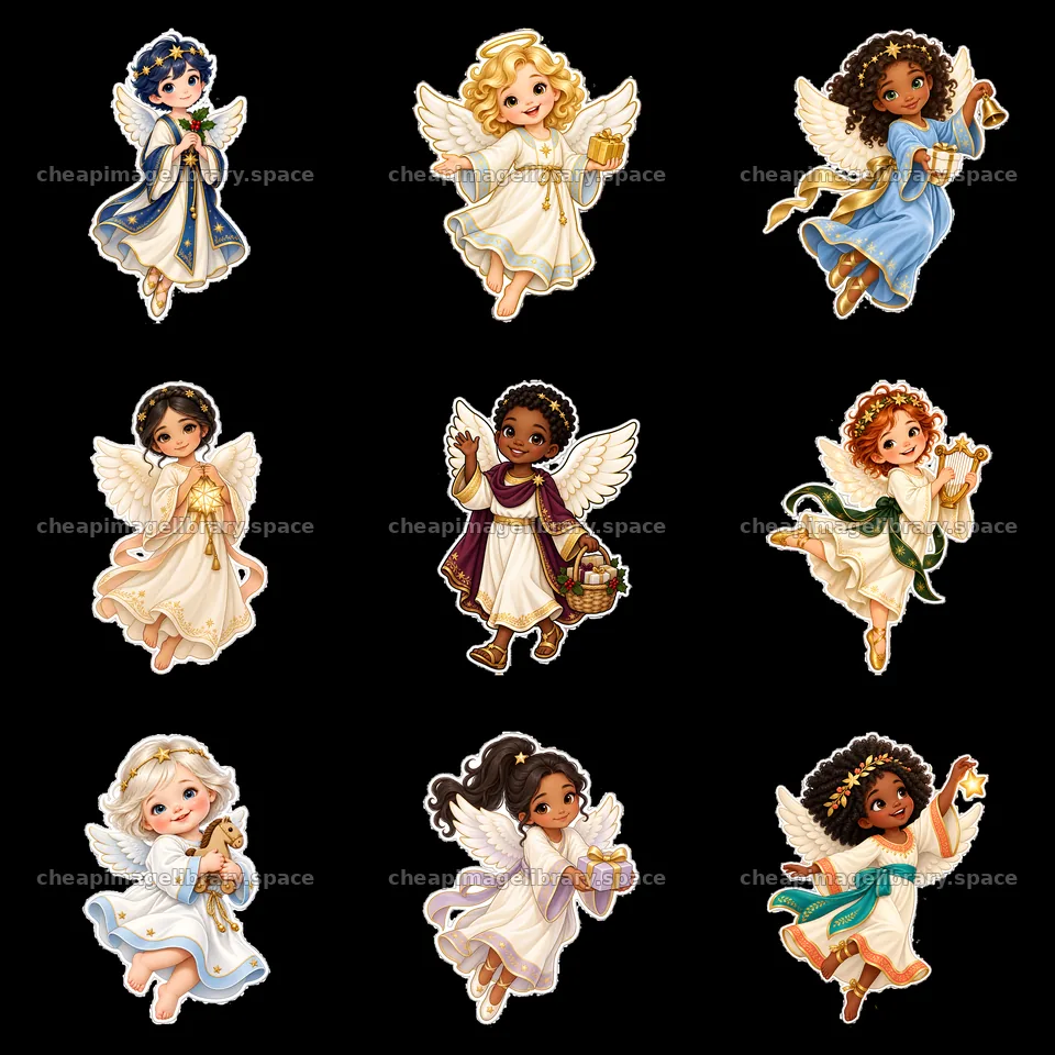 Christ Child bringing gifts in a 3x3 grid of colorful angels – image library 7746x7746