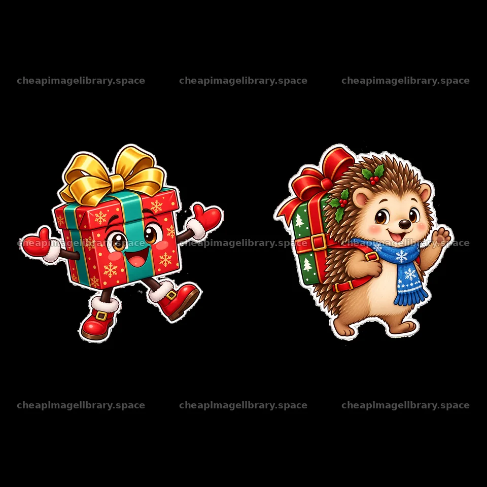 Cartoon present and hedgehog carrying Christmas gift – image library 7746x7746