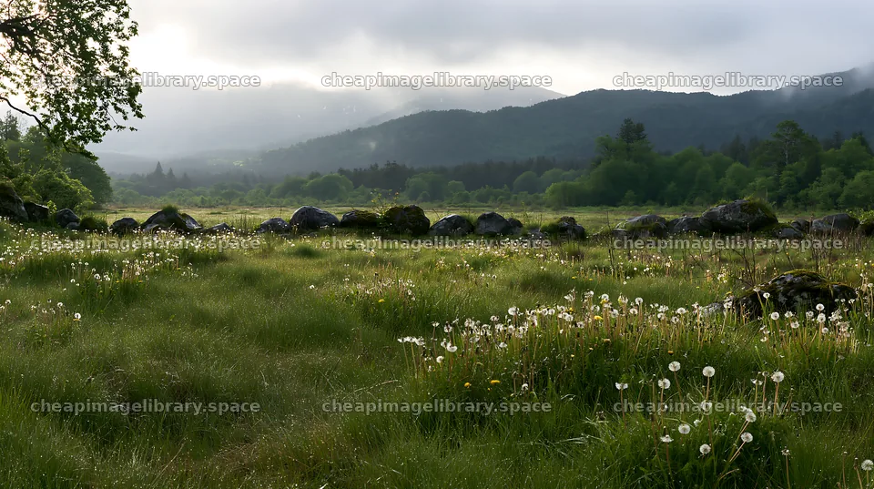 Miyagi spring recovery meadow mossy stone in a mountain setting – image library 10608x5938