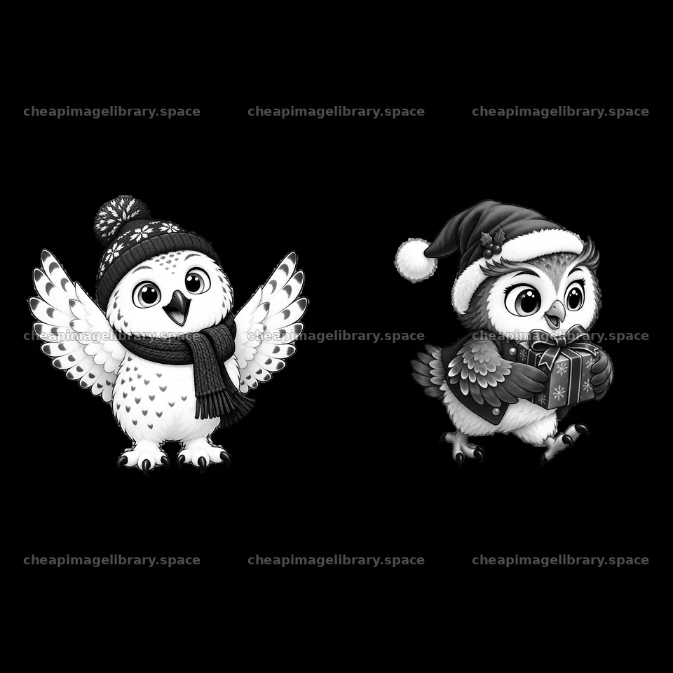 Christmas owls with gifts and winter accessories – image library 7746x7746
