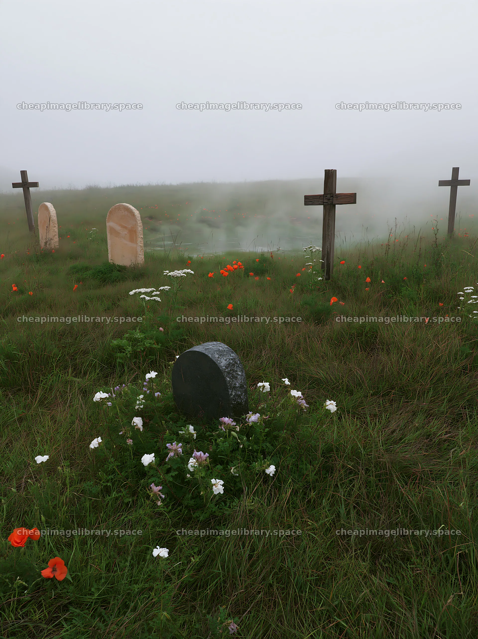 Christian crosses in geothermal spring meadow – image library 6866x9174