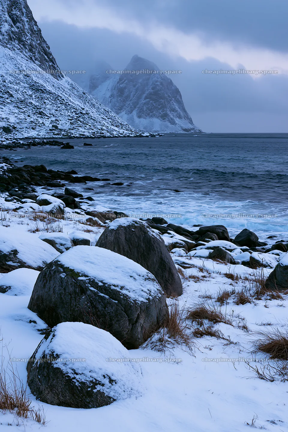 Lofoten coastal meadow covered in winter snow – image library 6480x9722