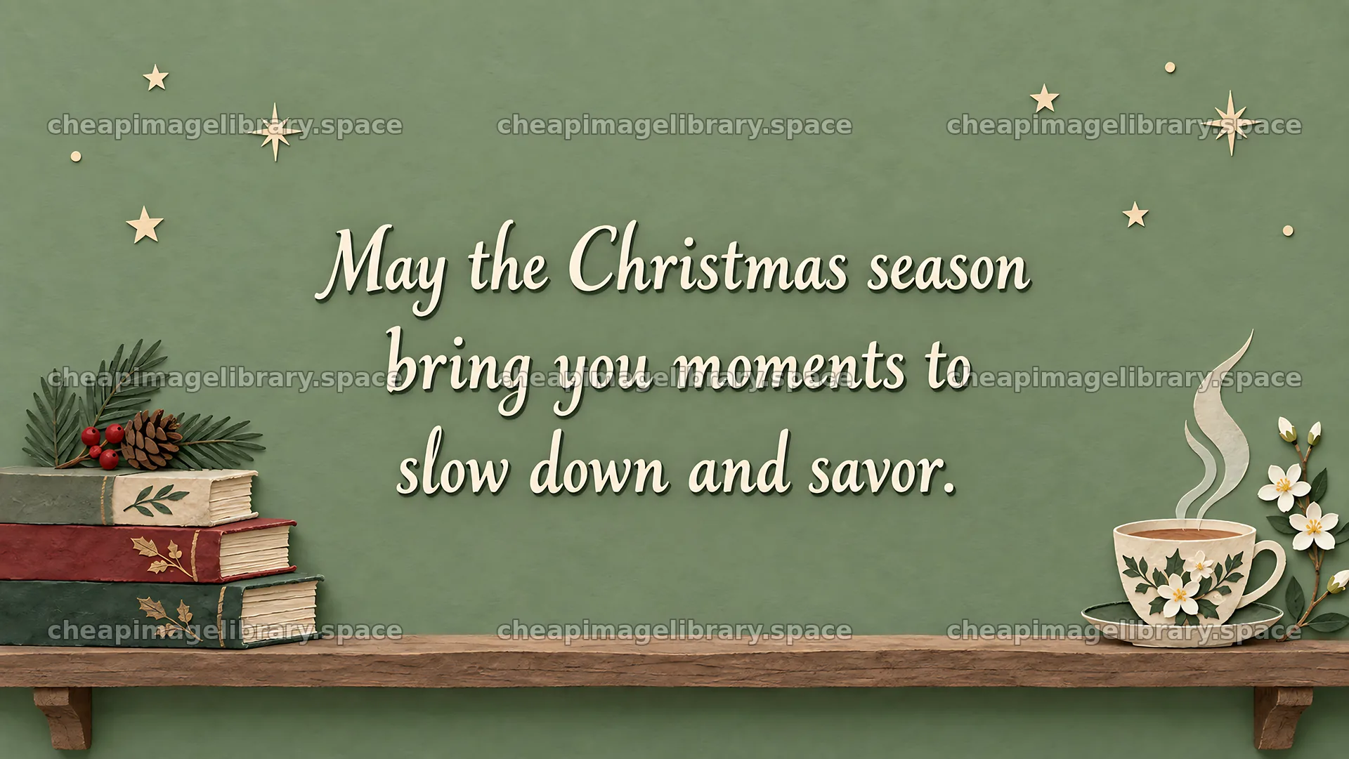 Christmas Greeting with Books and Floral Teacup – image library 10324x5812