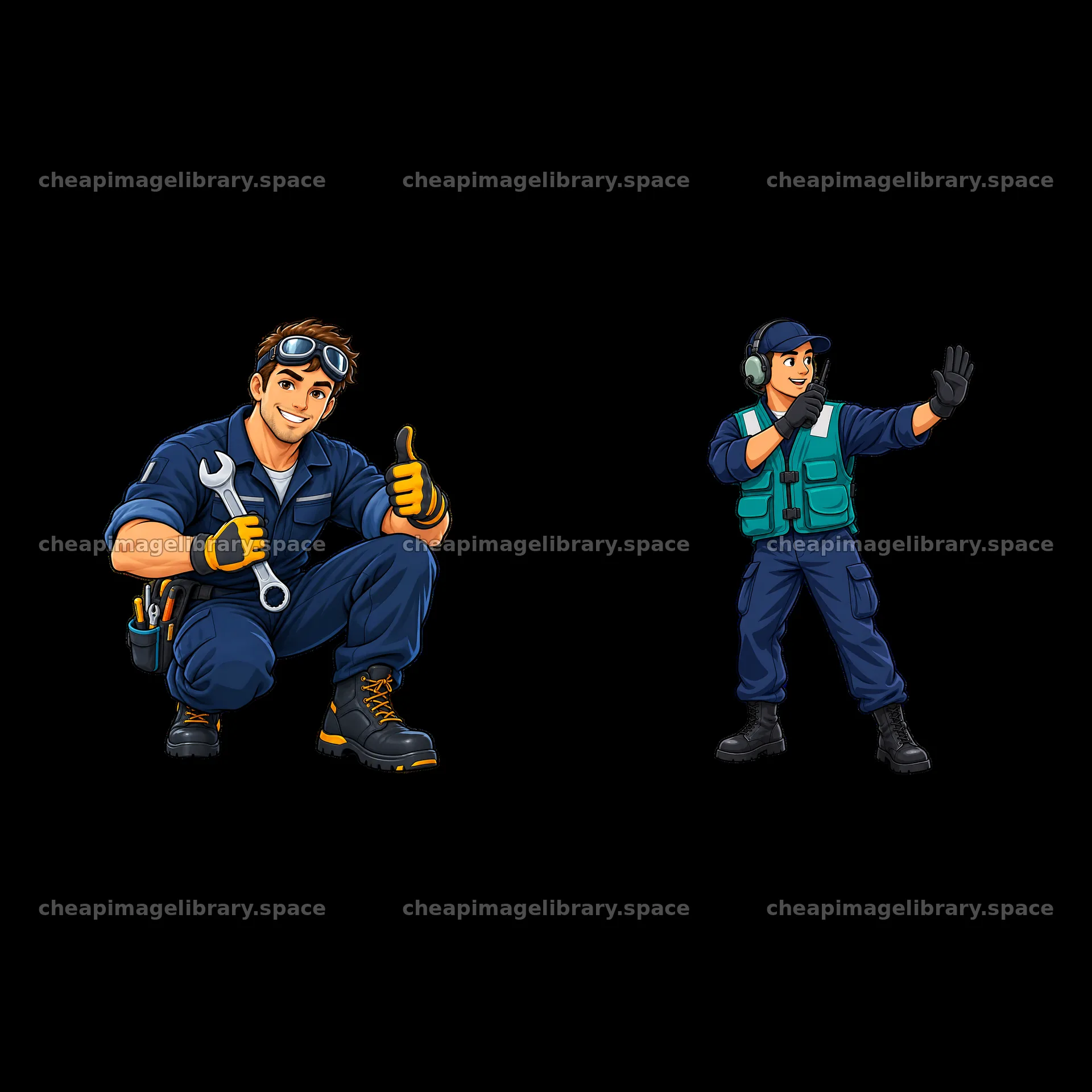 Cartoon mechanics on an aircraft carrier with tools and signals – image library 7746x7746