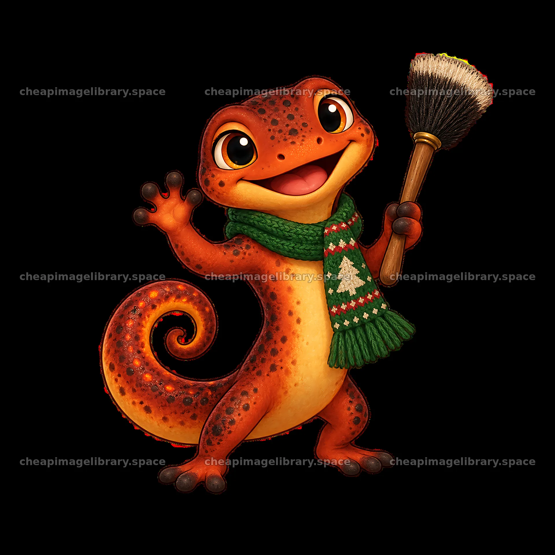 Cheerful lizard with broom and Christmas scarf near fireplace – image library 7746x7746