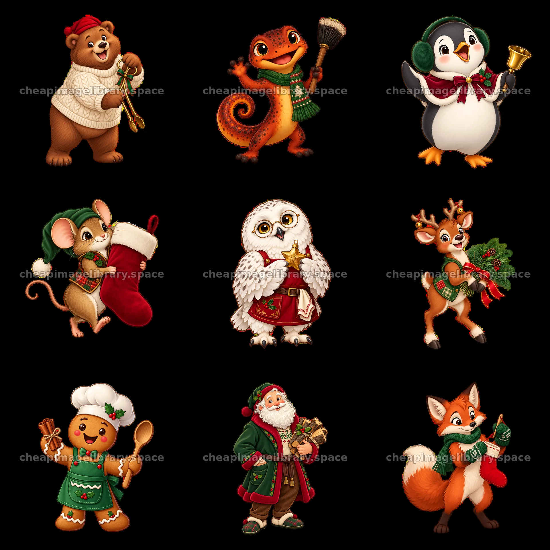 Cute cartoon animals celebrating Christmas by the fireplace – image library 7746x7746
