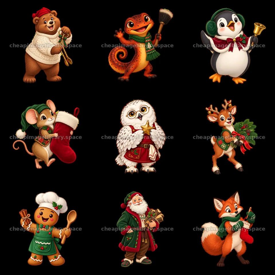 Cute cartoon animals celebrating Christmas by the fireplace – image library 7746x7746