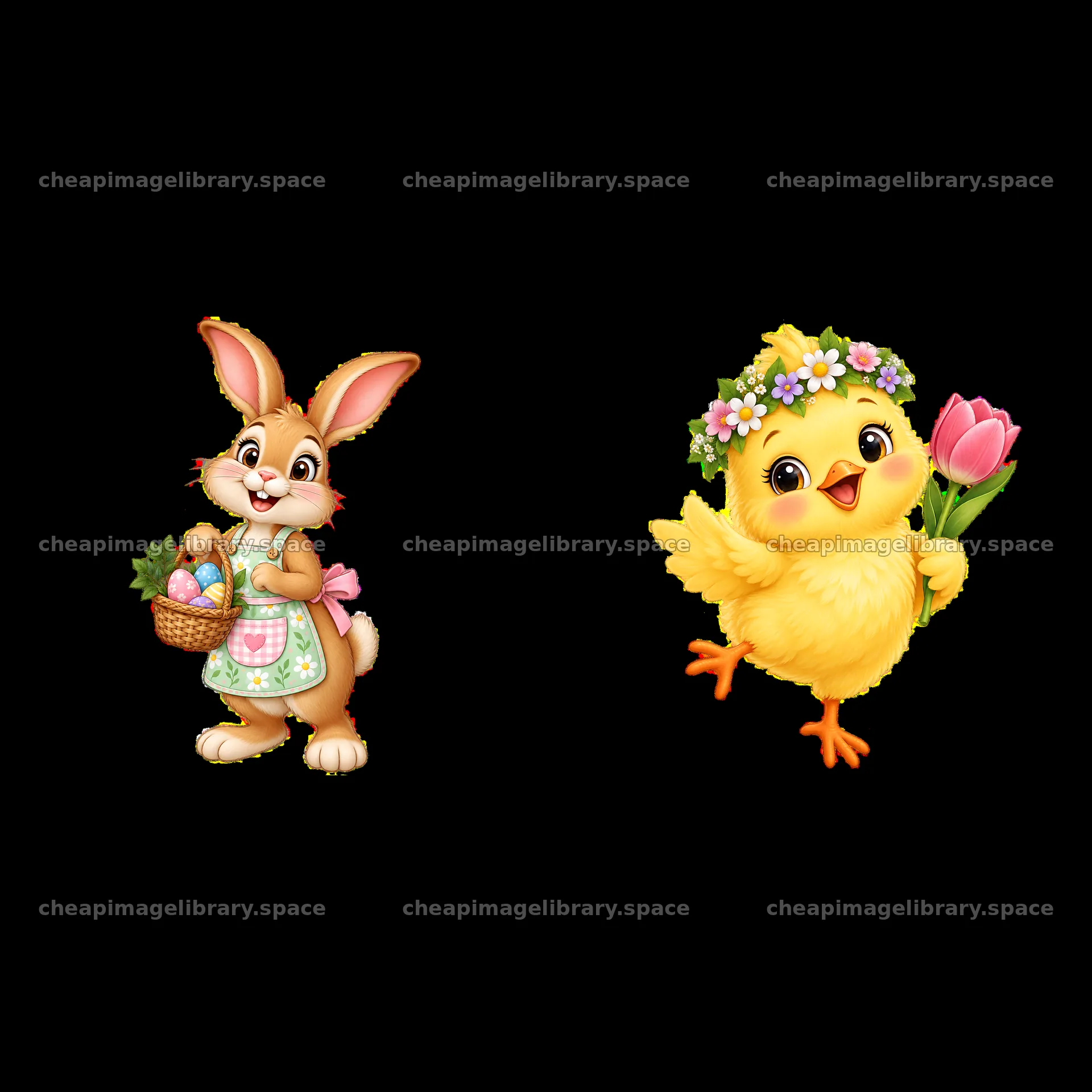 Easter bunny with basket and chick with flowers in meadow – image library 7746x7746