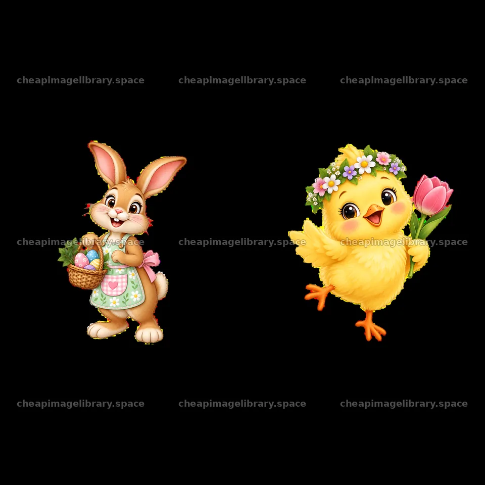 Easter bunny with basket and chick with flowers in meadow – image library 7746x7746