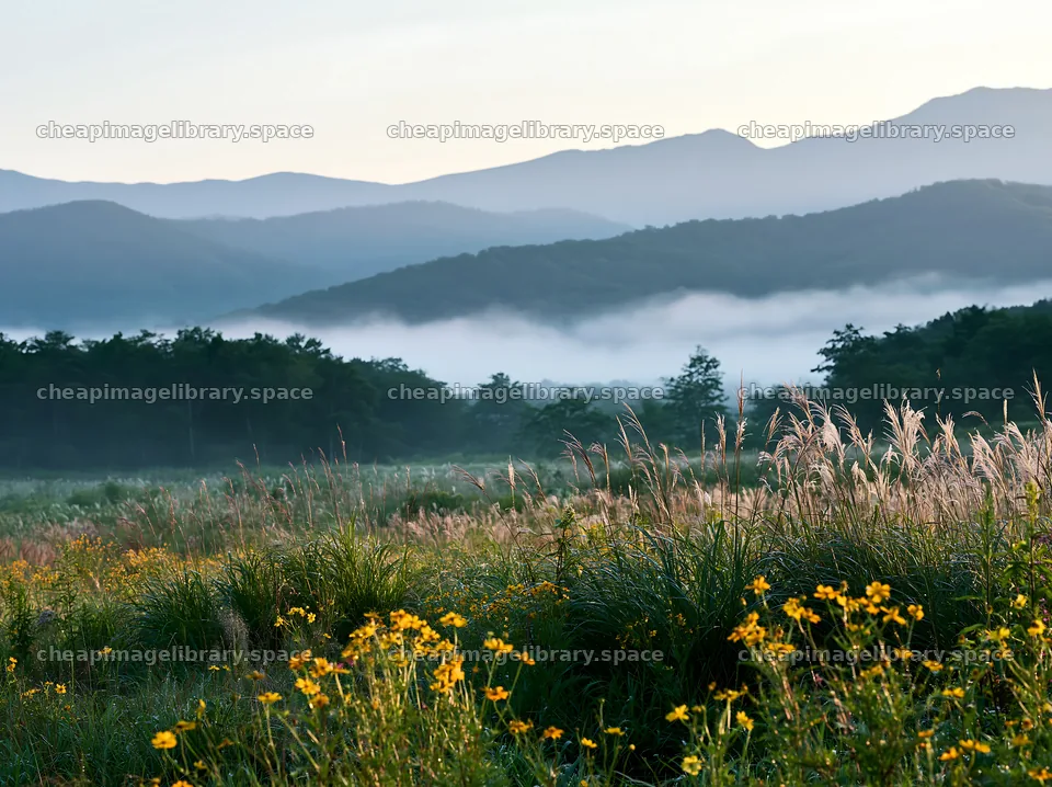 Climate-resilient meadow in a mountainous landscape with fog – image library 9174x6866