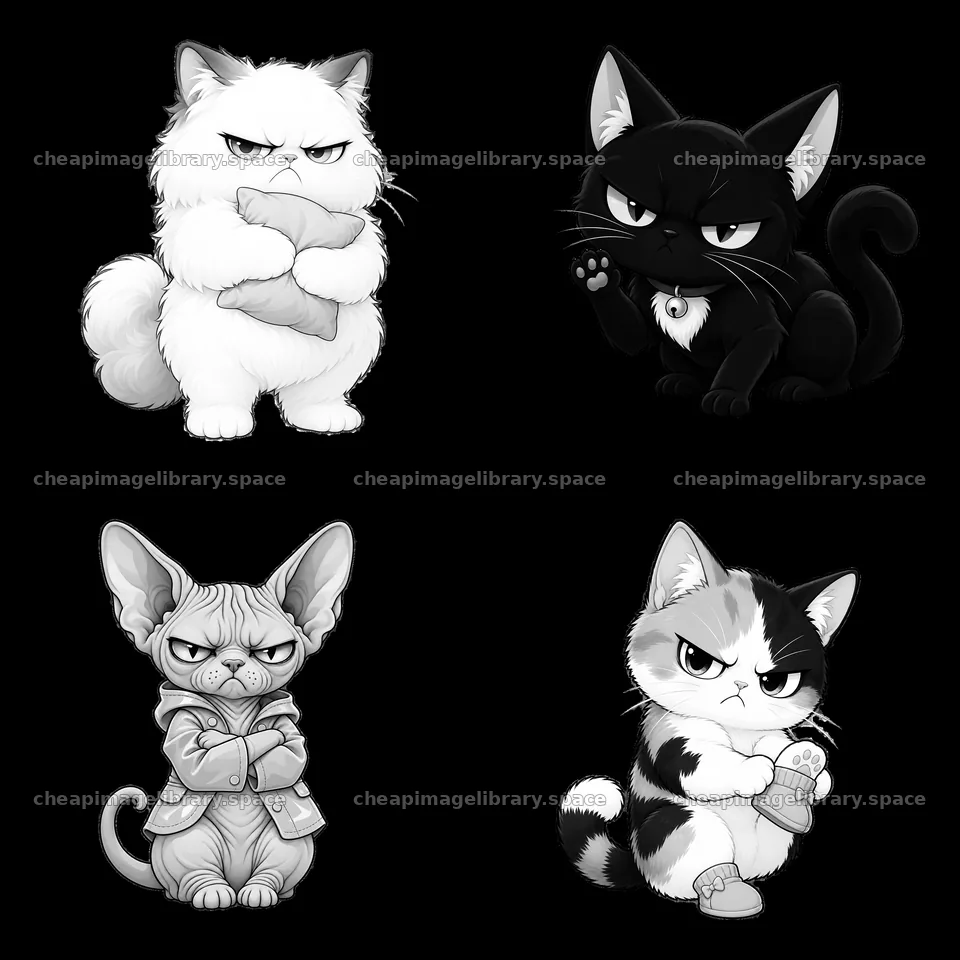 Kawaii grumpy cats in four cartoon sticker design – image library 7746x7746