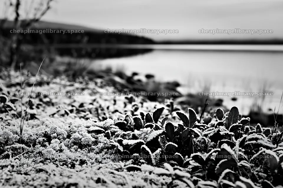 Lakeside meadow with snow near water in winter – image library 9722x6480