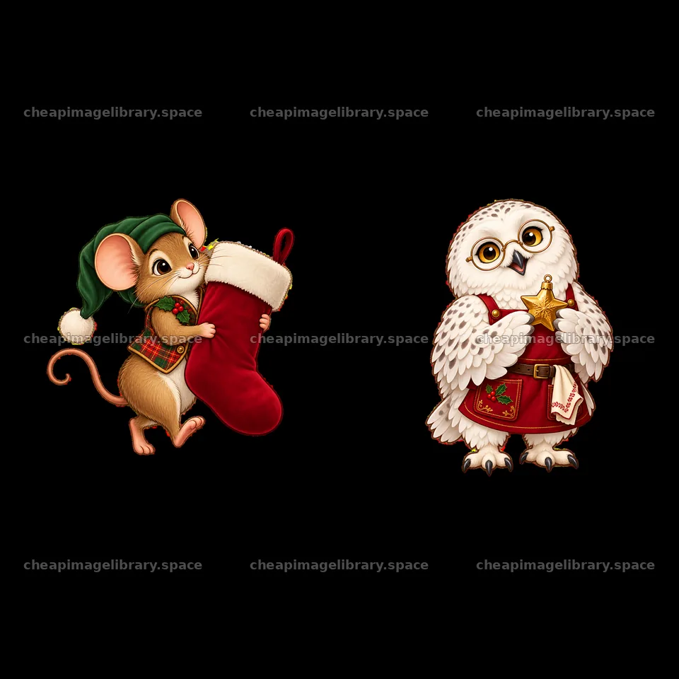 Christmas mouse holds stocking beside snowy owl with star – image library 7746x7746