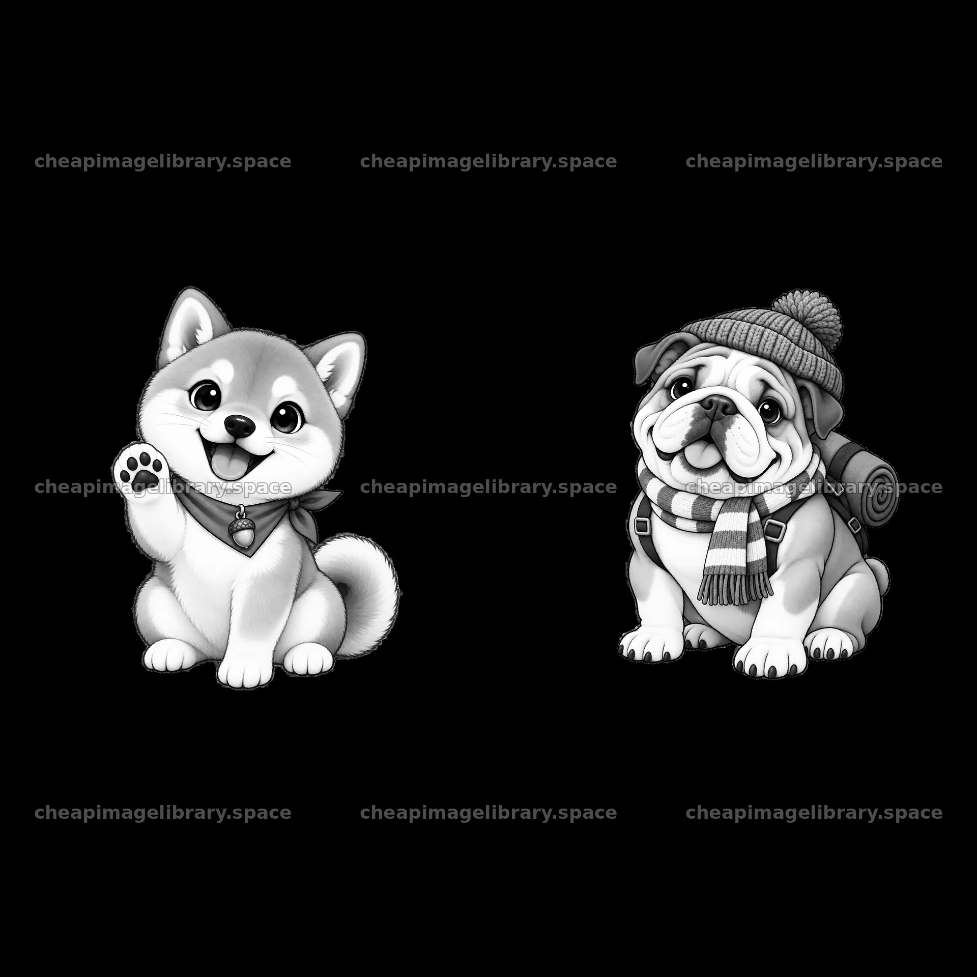 Cute K-9 dog duo with a Shiba Inu and a Bulldog in winter gear – image library 7746x7746