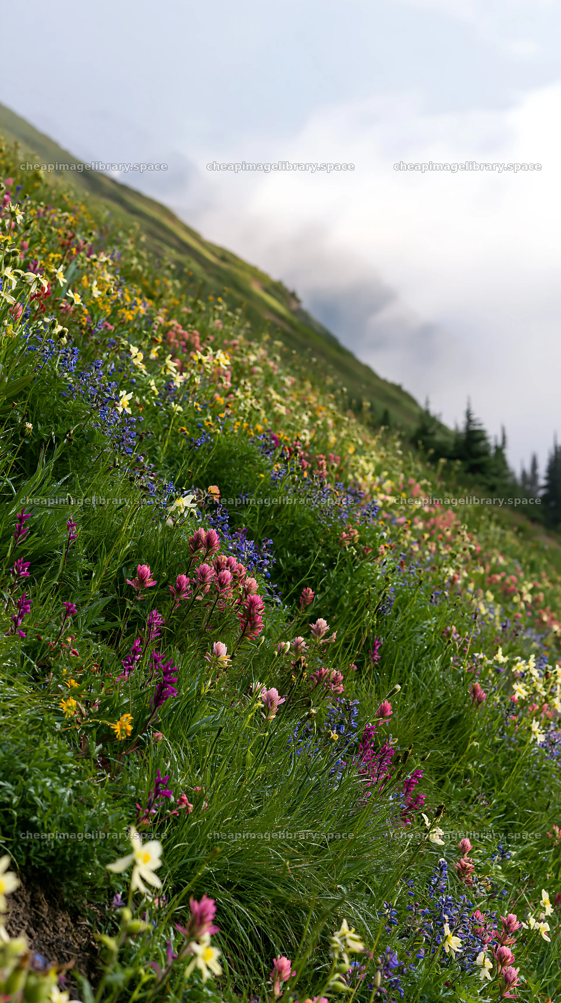 Silver dew meadow with colorful wildflowers on a hillside – image library 5938x10608