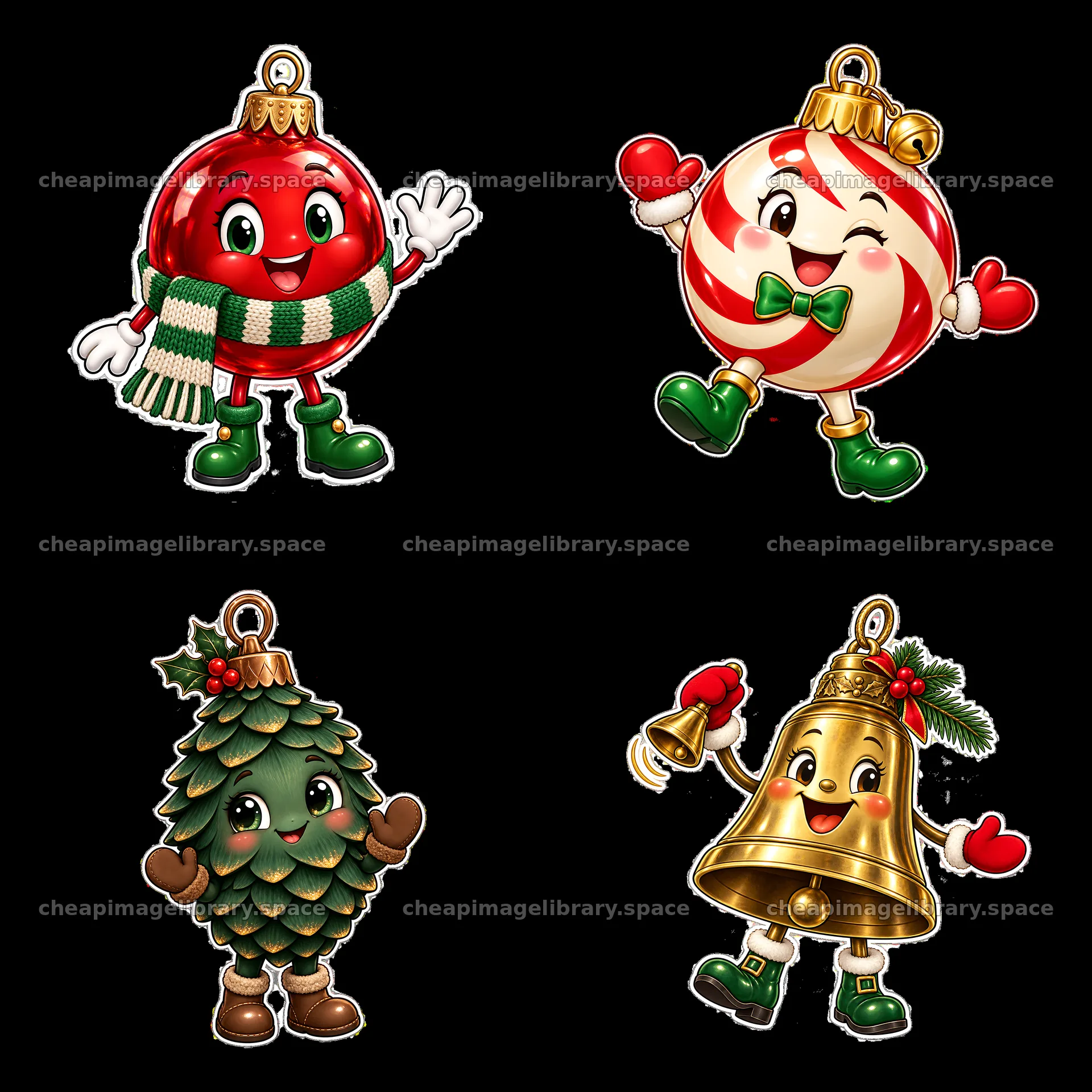 Colorful cartoon Christmas ornaments with cheerful expressions – image library 7746x7746