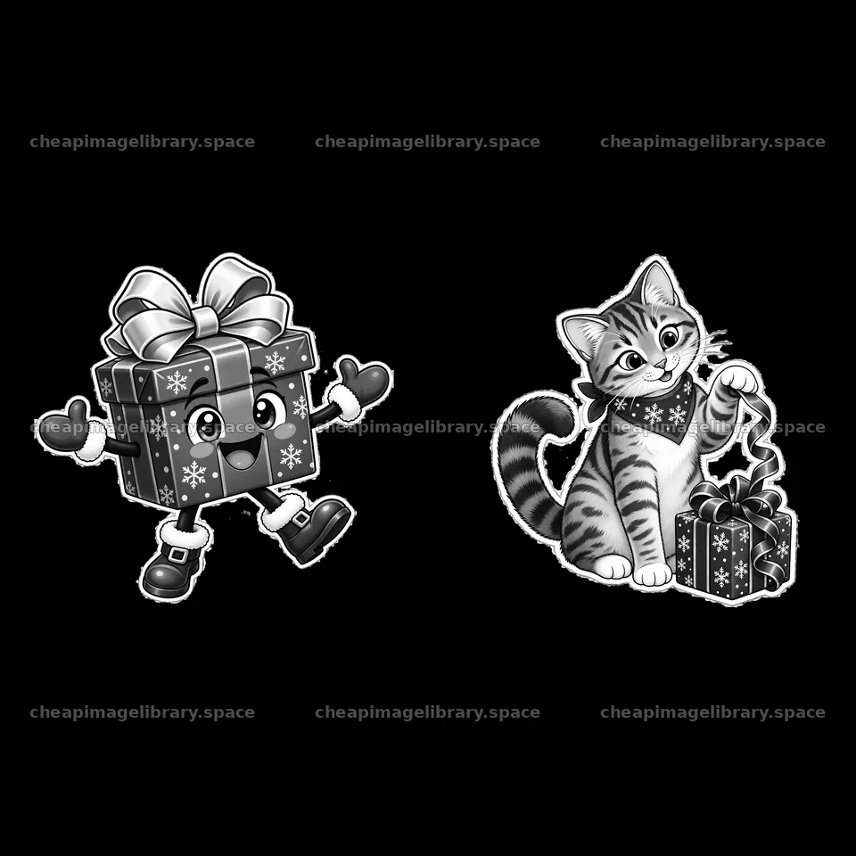 Christmas gift box and playful cat with a present – image library 7746x7746