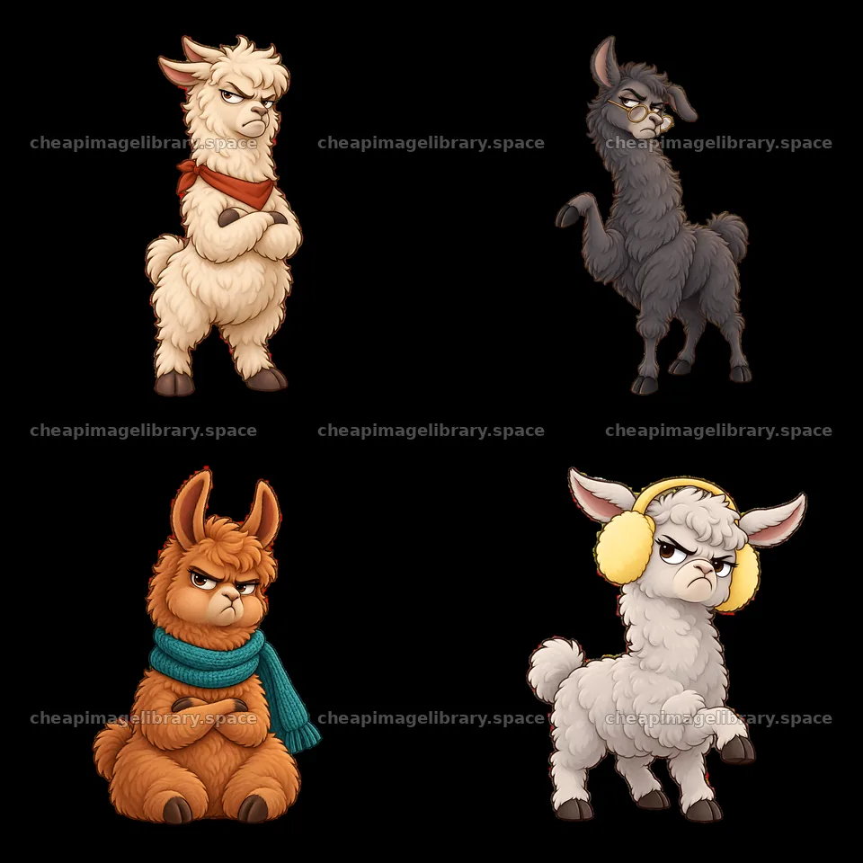Grumpy llama cartoon stickers in a 2x2 arrangement – image library 7746x7746