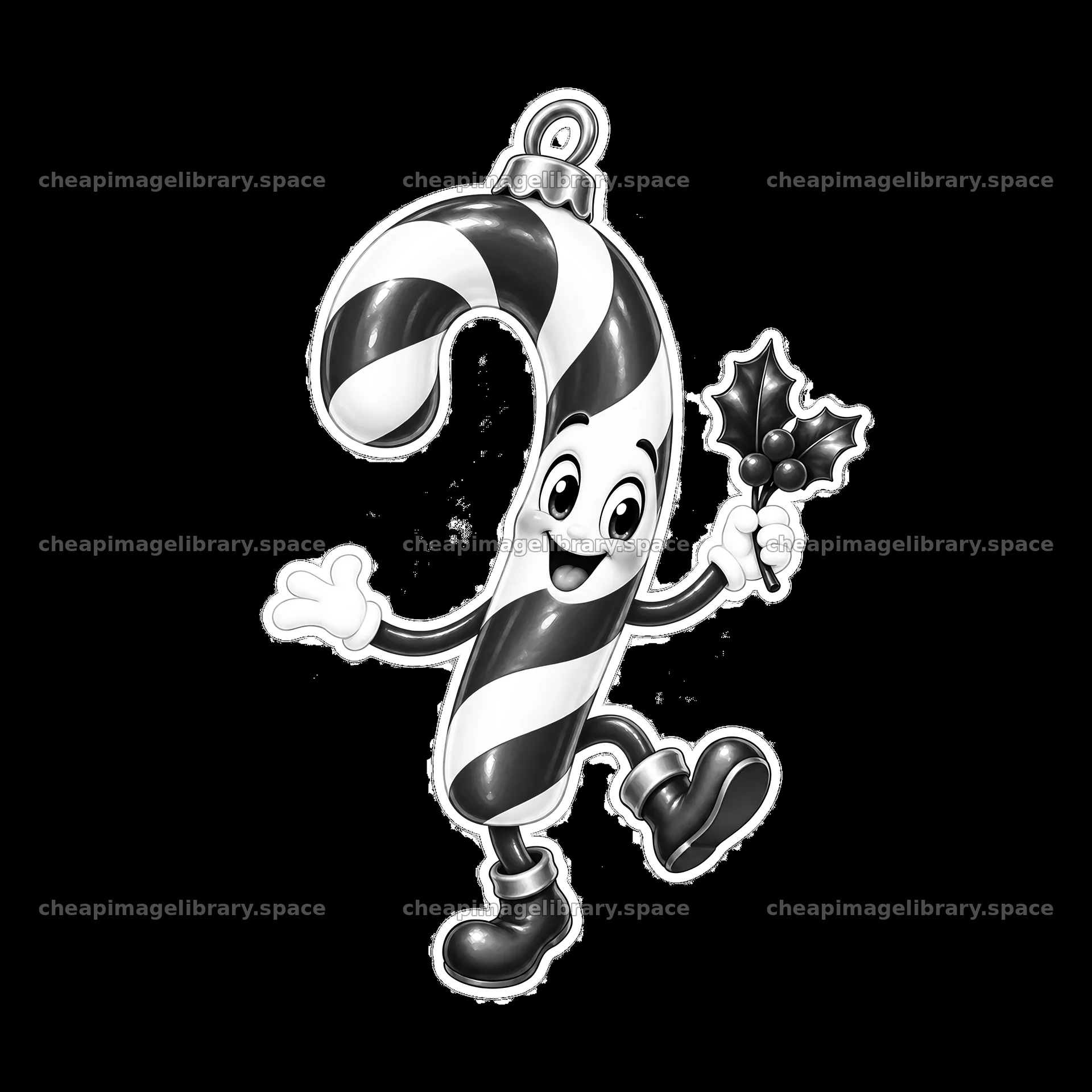 Candy cane character holding holly leaves for Christmas – image library 7746x7746