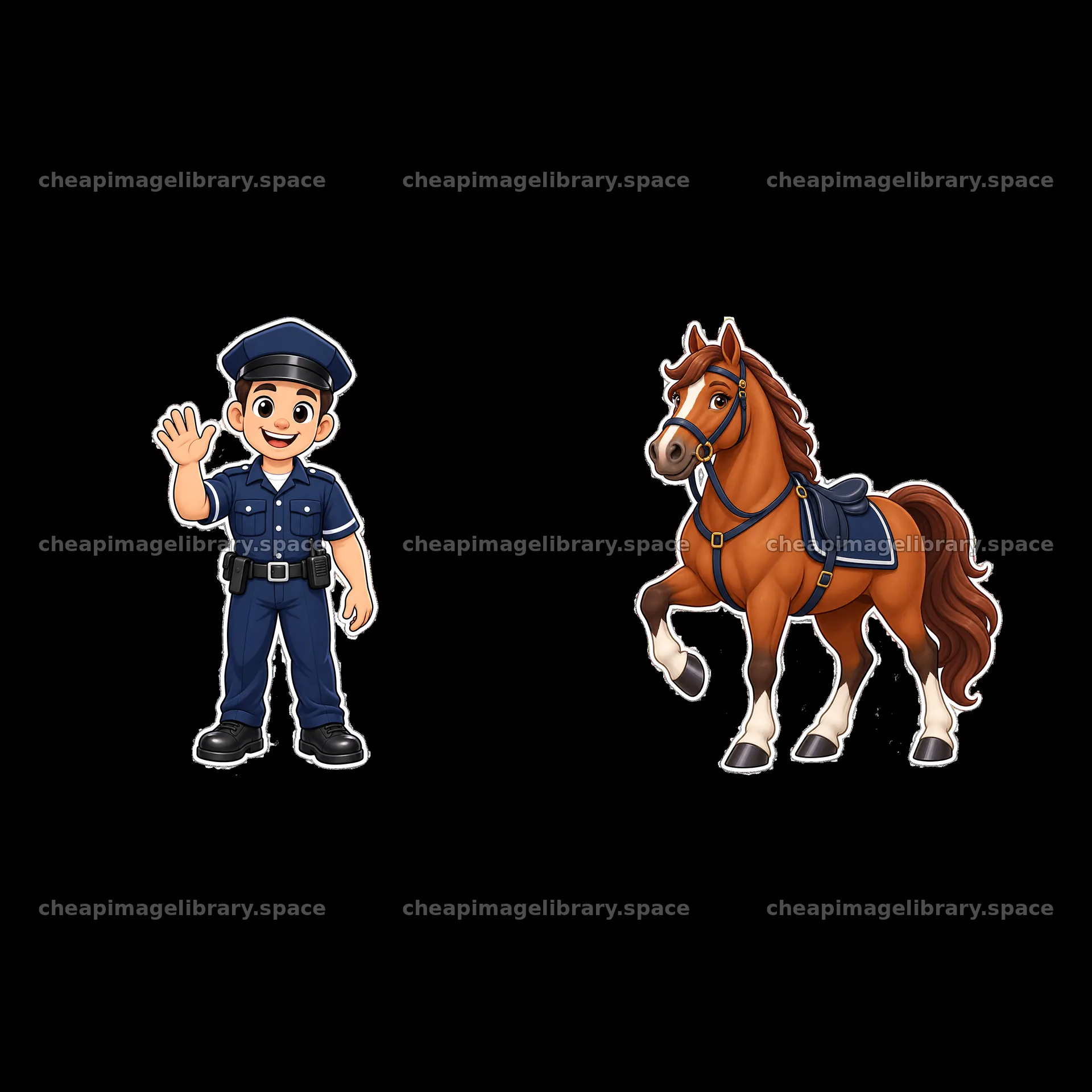 Cartoon police officer waving with a horse beside him – image library 7746x7746
