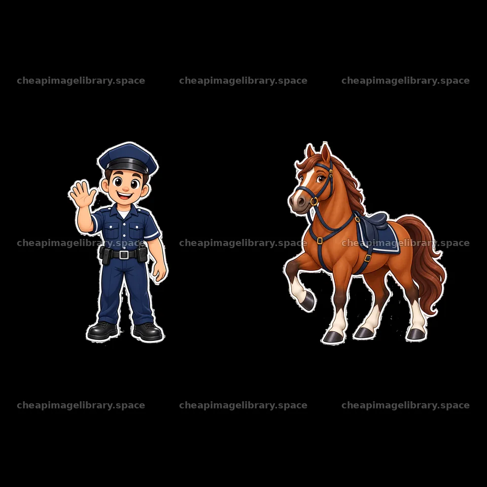 Cartoon police officer waving with a horse beside him – image library 7746x7746