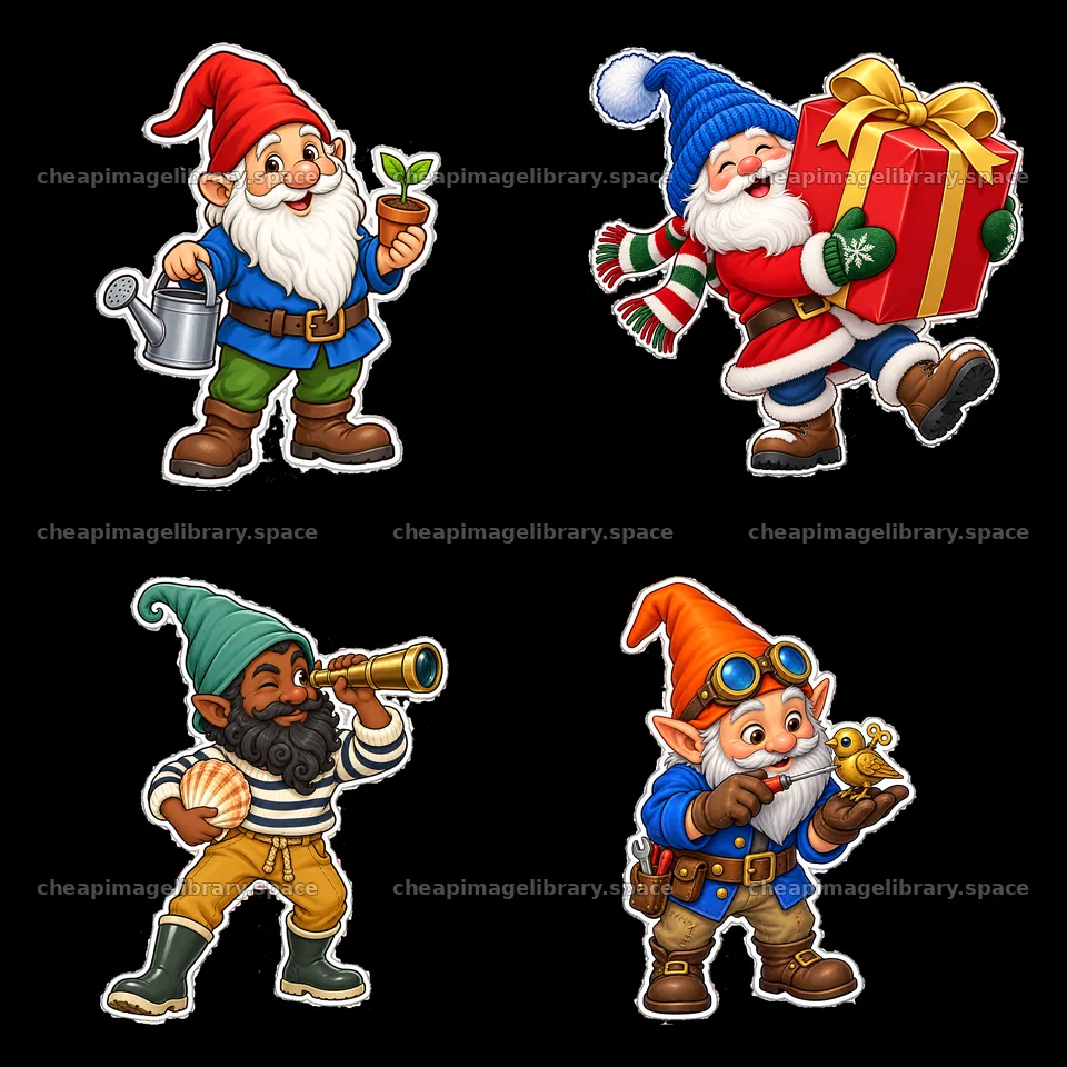 Gnomes with tools, gifts, and playful activities in a square layout – image library 7746x7746