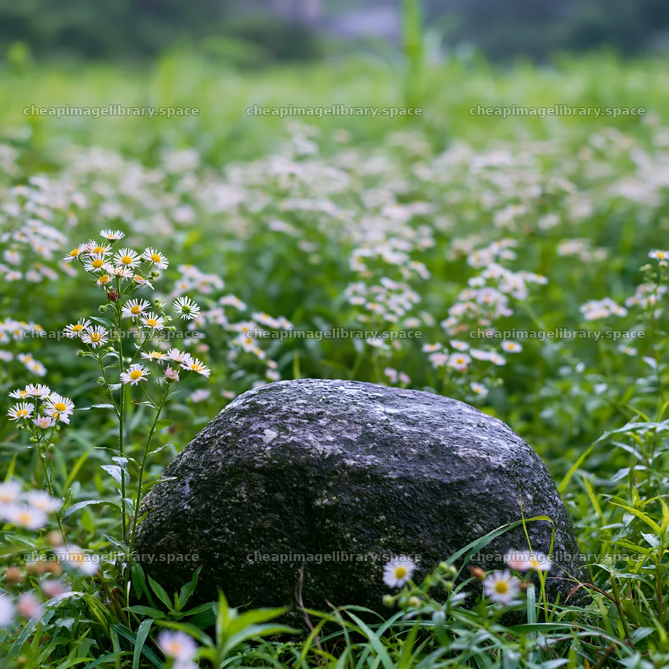 Hiroshima rainy meadow with smooth rock and wildflowers – image library 7938x7938