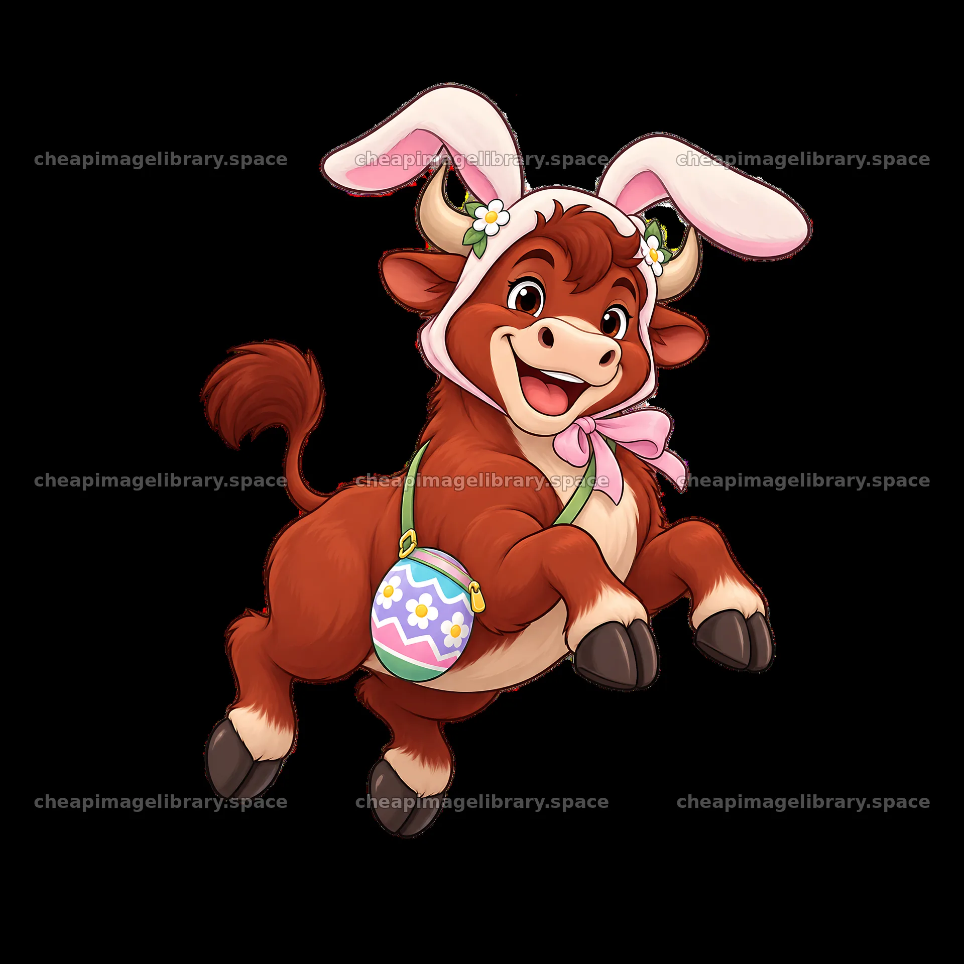 Cartoon ox wearing bunny ears jumps with a colorful Easter egg – image library 7746x7746