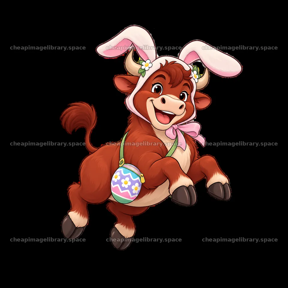 Cartoon ox wearing bunny ears jumps with a colorful Easter egg – image library 7746x7746