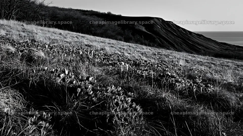 Sunny pasqueflower meadow on a hillside near the ocean – image library 10608x5938