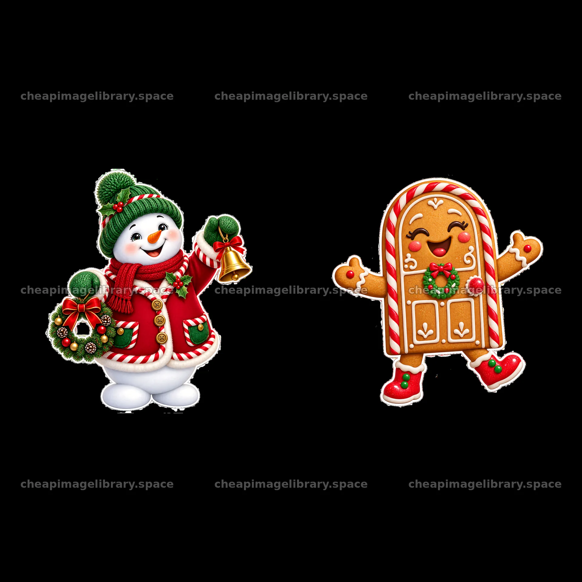 Cheerful snowman with a bell and a smiling gingerbread cookie – image library 7746x7746