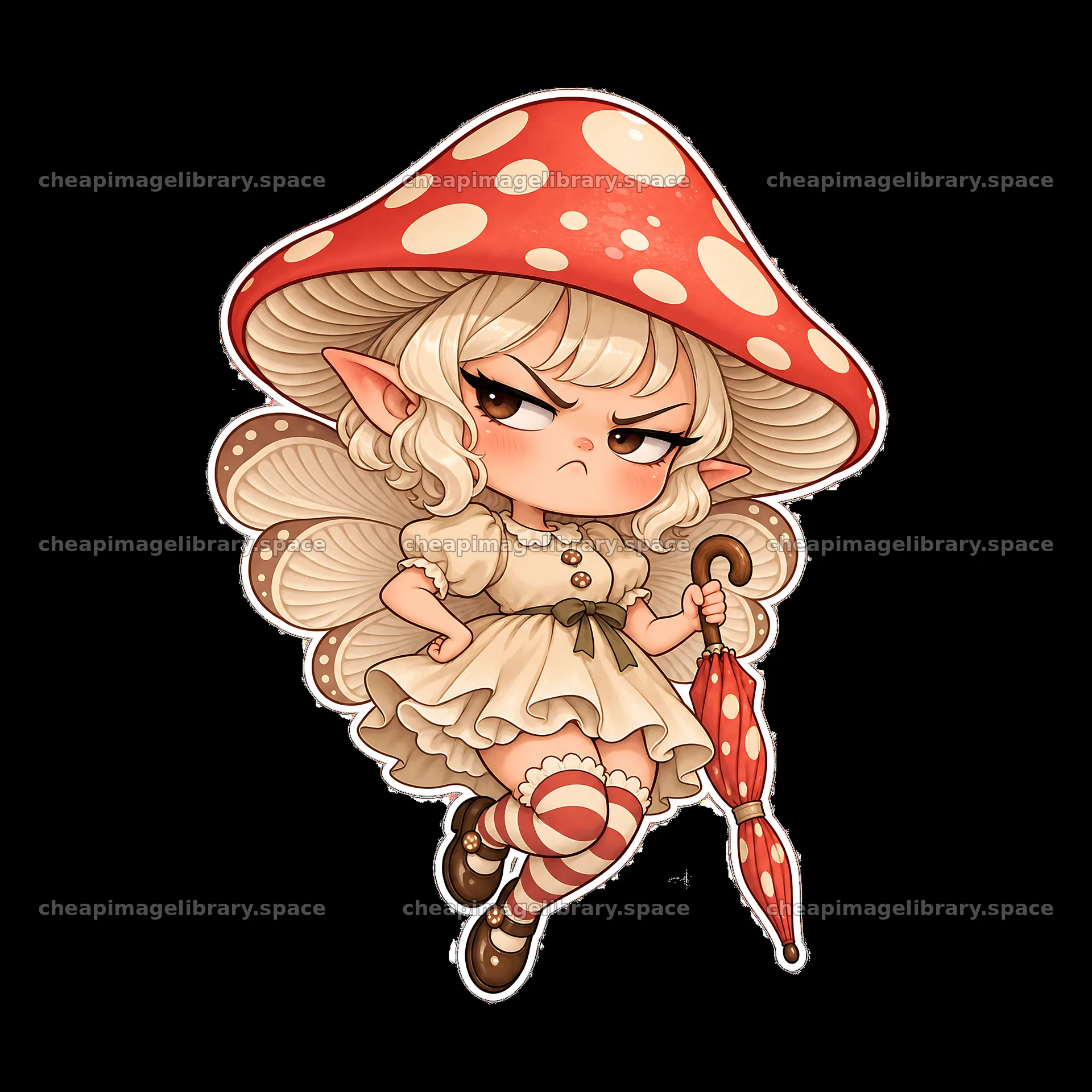 Kawaii grumpy fairy with mushroom hat and striped socks – image library 7746x7746