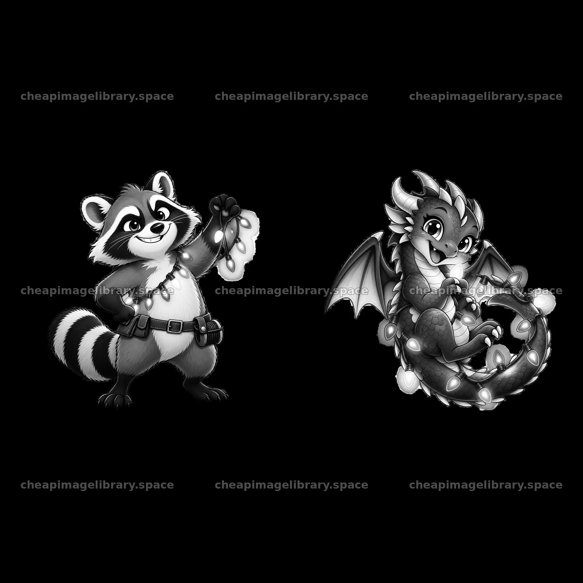 Raccoon and dragon holding string lights in cartoon style – image library 7746x7746