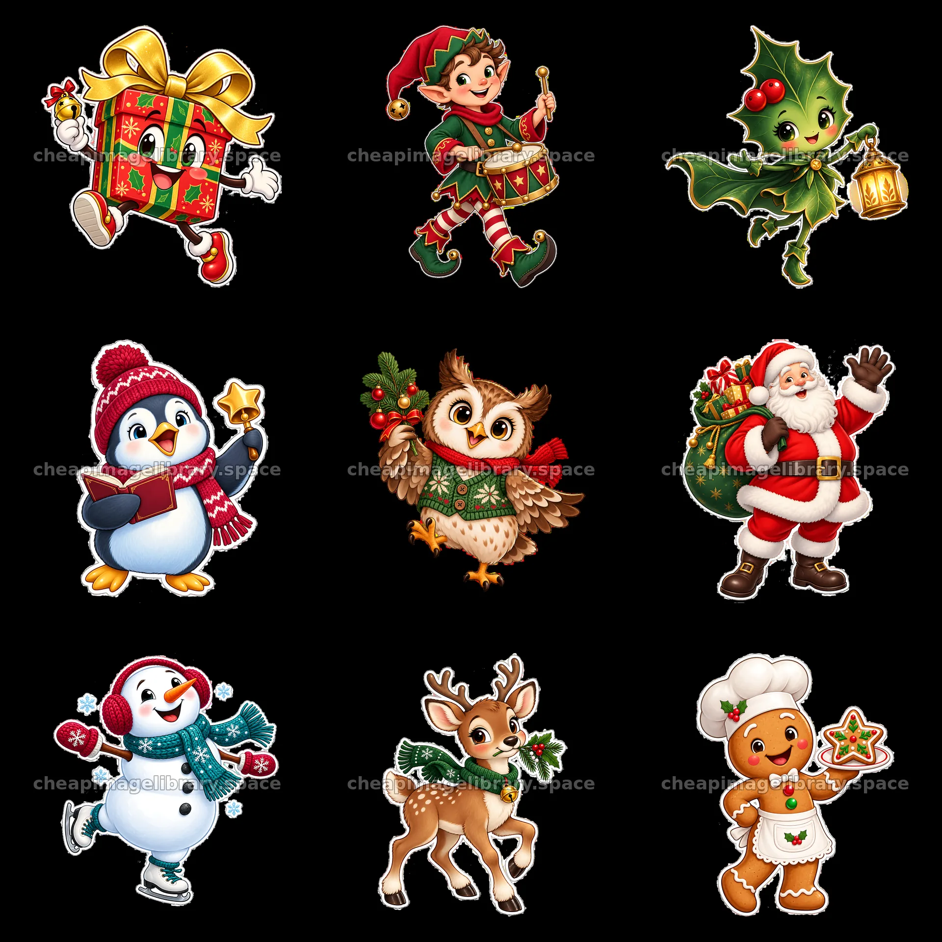 Christmas cartoon sticker set with holiday characters and gifts – image library 7746x7746