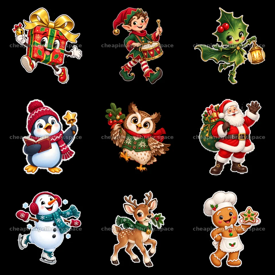 Christmas cartoon sticker set with holiday characters and gifts – image library 7746x7746