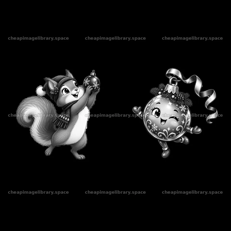 Squirrel holding Christmas ornament with smiling ornament character – image library 7746x7746