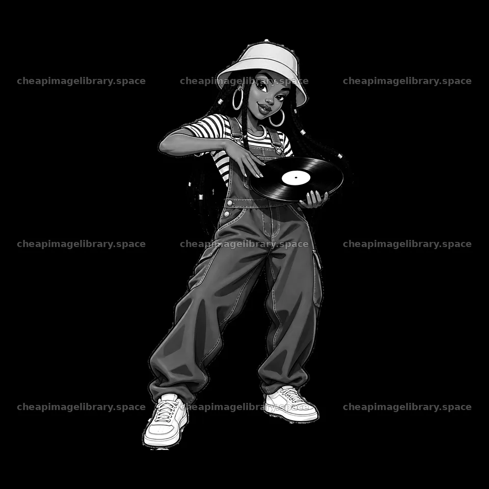 Female hip-hop artist holding a vinyl record in casual outfit – image library 7746x7746