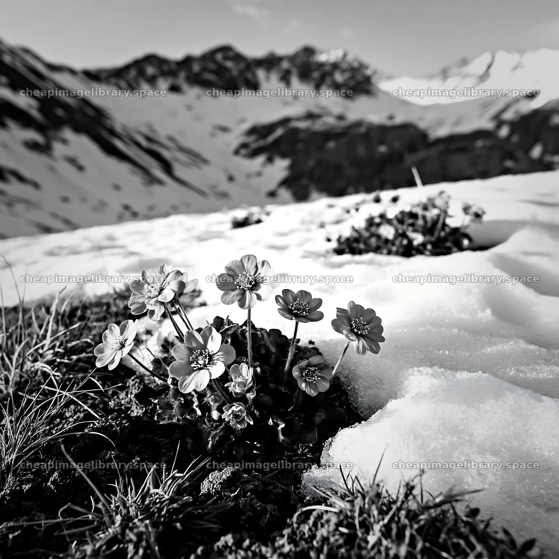 Snowy foothill meadow with blooming flowers and mountains – image library 7938x7938