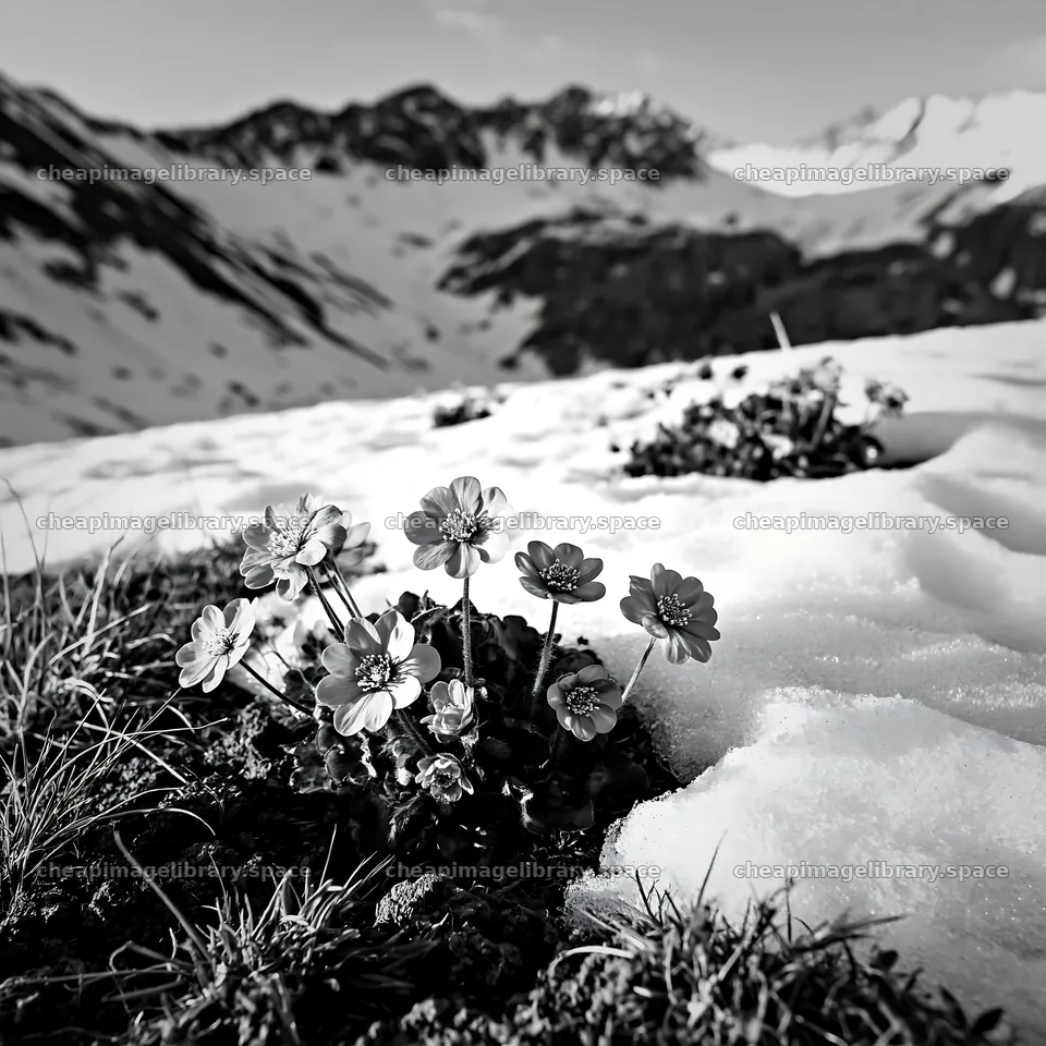 Snowy foothill meadow with blooming flowers and mountains – image library 7938x7938