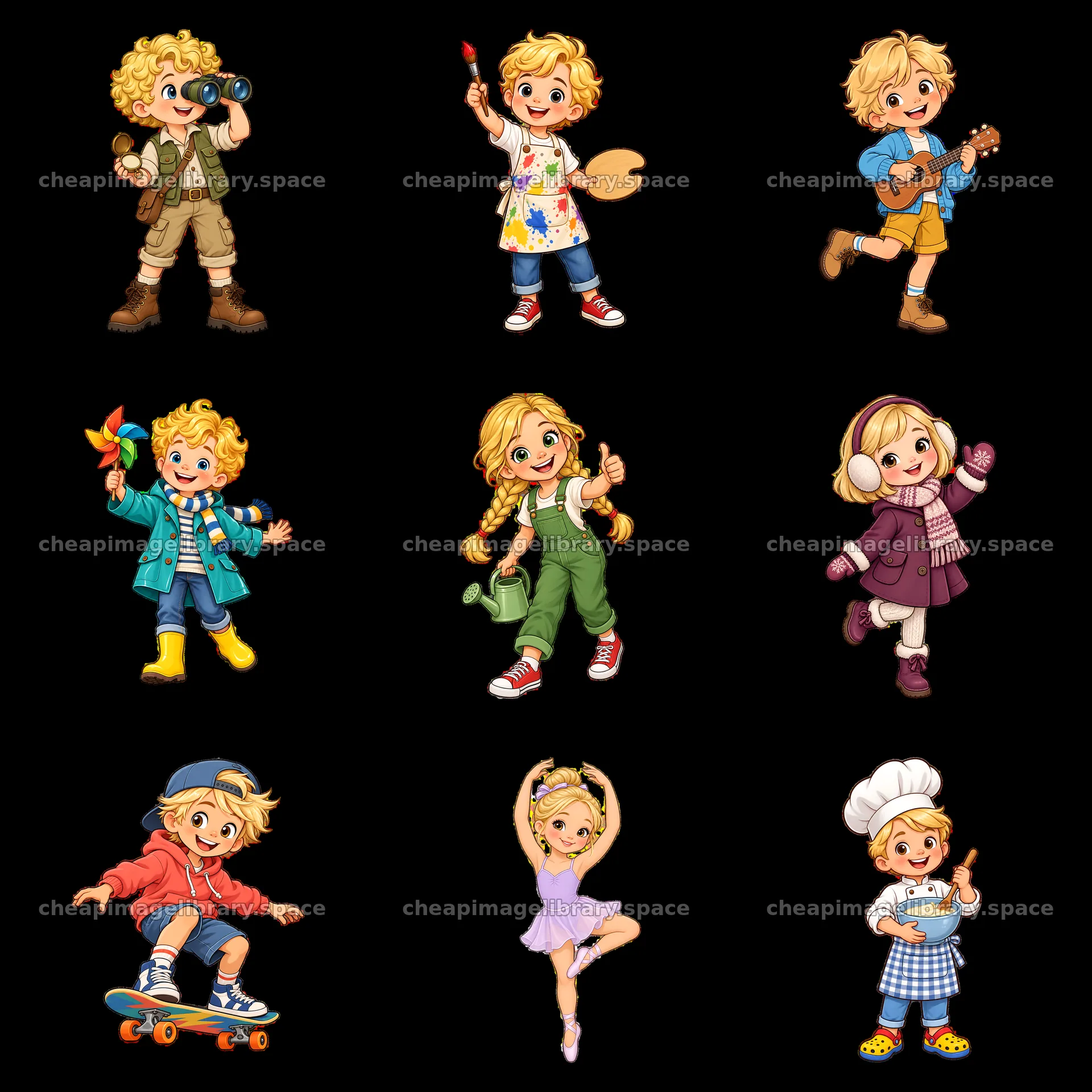 Blond child characters engaged in various fun activities – image library 7746x7746