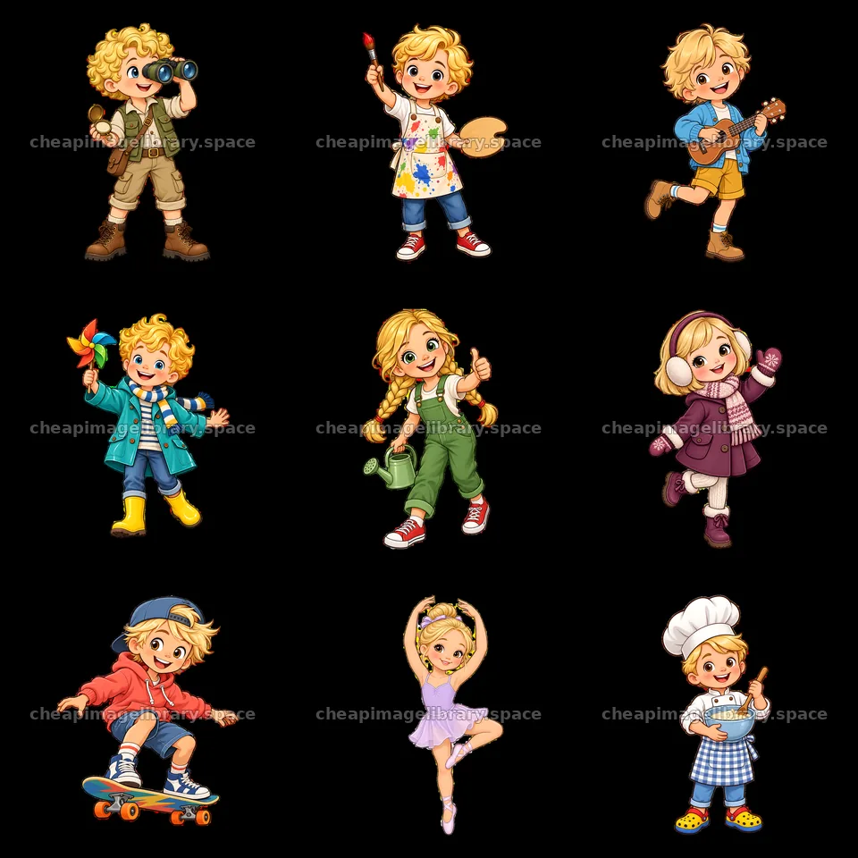 Blond child characters engaged in various fun activities – image library 7746x7746