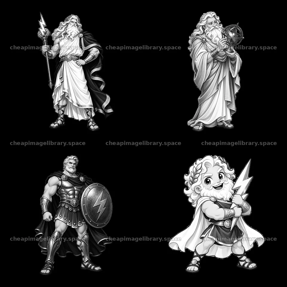 Zeus and his companions in a monochrome cartoon sticker set – image library 7746x7746
